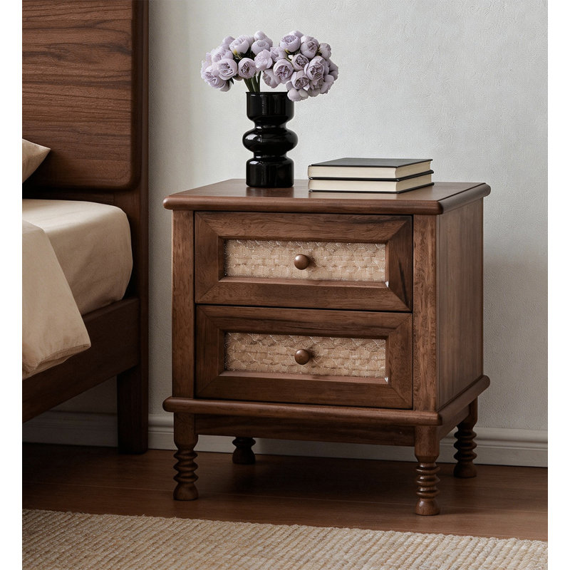 Retro Walnut Glass Bedside Nightstand for Bedroom