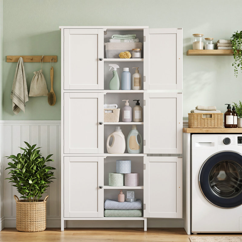 Armoire de rangement haute pour salle de bain avec 6 portes, armoire de rangement autoportante avec tablettes réglables, armoire de rangement pour cuisine, salon, blanc