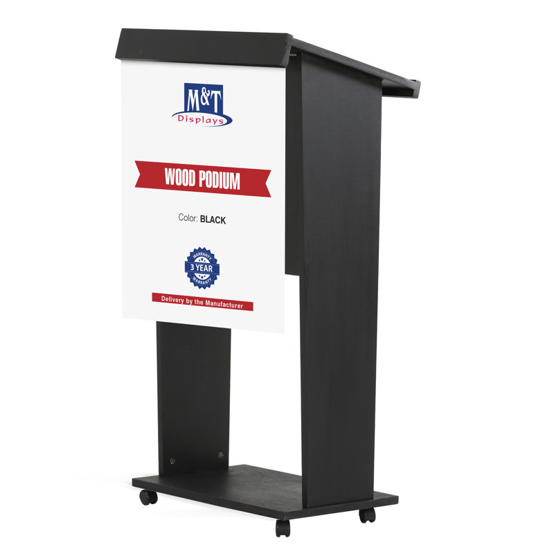 Black Lacquered Plywood Floor-Standing Podium with Shelf and Wheels