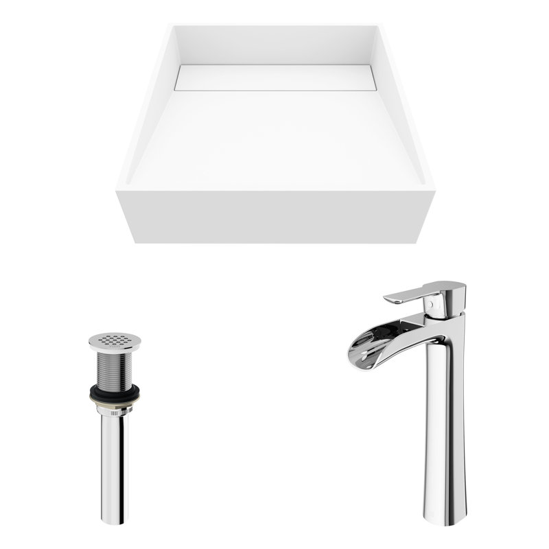 Starr 15" Square White Stone Vessel Sink with Chrome Faucet