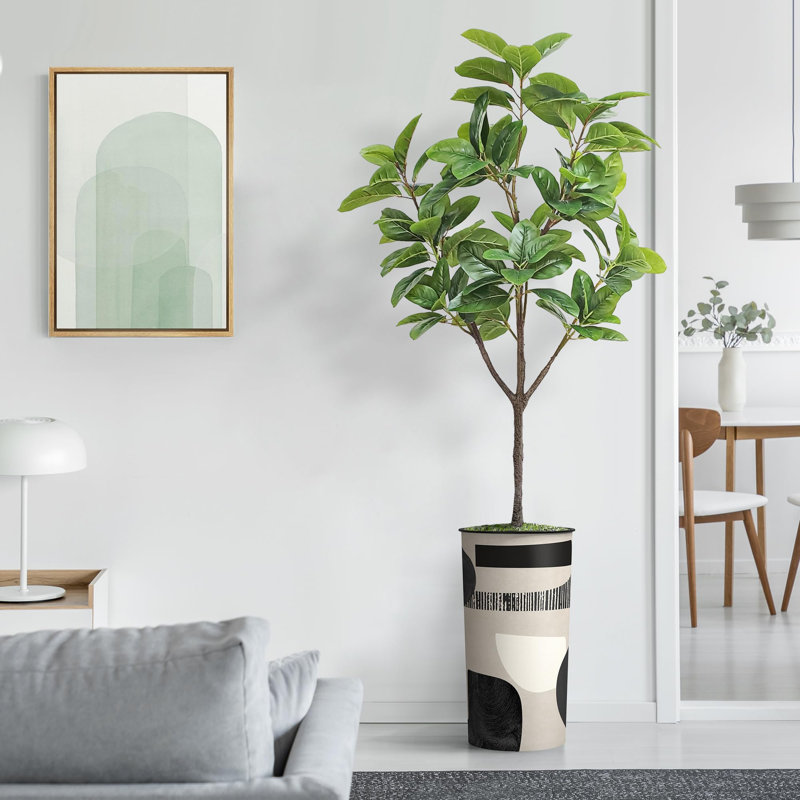 Arbre artificiel en fauve gris avec aquarelle abstraite pot de magnolia, Modern Black