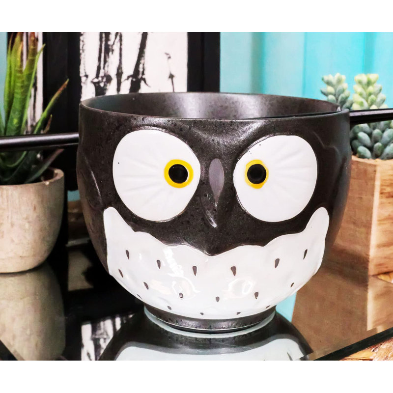 Ensemble de nouilles et de baguettes en forme de hibou noir en céramique avec hibou tacheté blanc Ebros