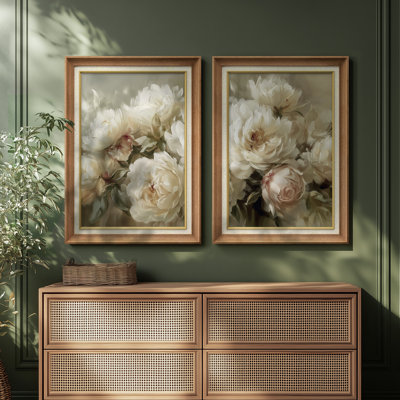 Cream Rose Bouquet Elegant Botanical Arrangement – Set of 2 Premium Framed Wall Art Print on Paper 26"x36"