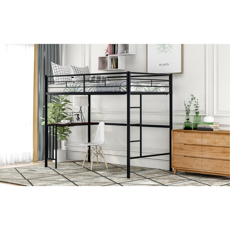 Lit mezzanine simple en métal avec bureau, échelle et garde-corps, lit mezzanine pour chambre à coucher, Noir