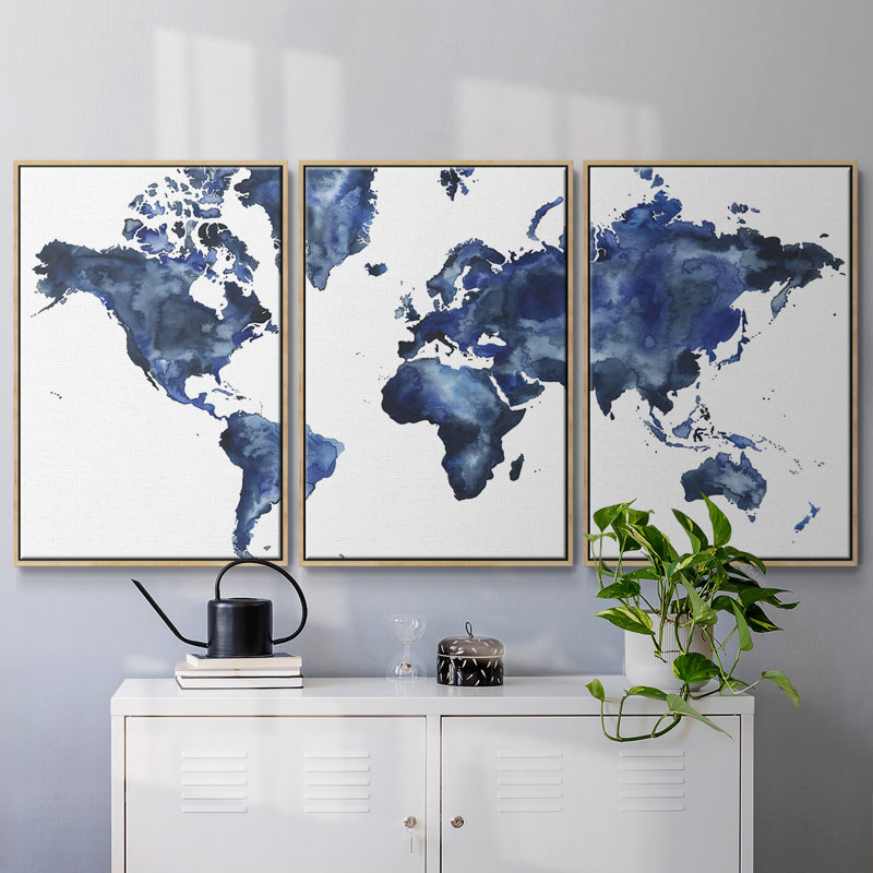 «Water World I», peinture sur toile 3 pièces, Encadré naturel, H 24 po x l 48 po