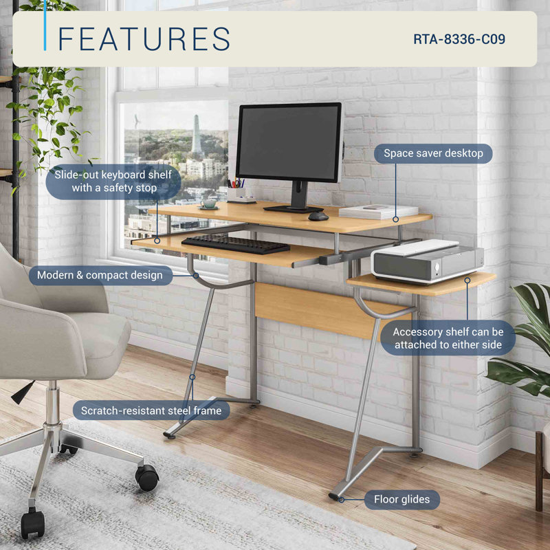 Techni Mobili Compact Computer Desk with Side Shelf and Keyboard Panel, Cherry