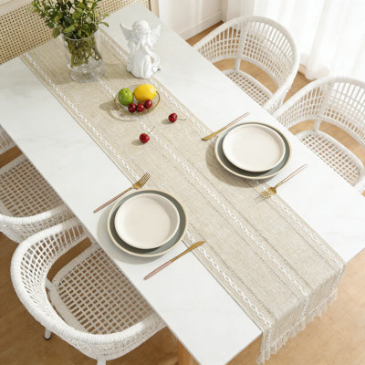 Farmhouse Table Runner With Handmade Tassels And Embroidery, Rustic Linen Table Decor For Dining Room, Dresser, And Party Decorations