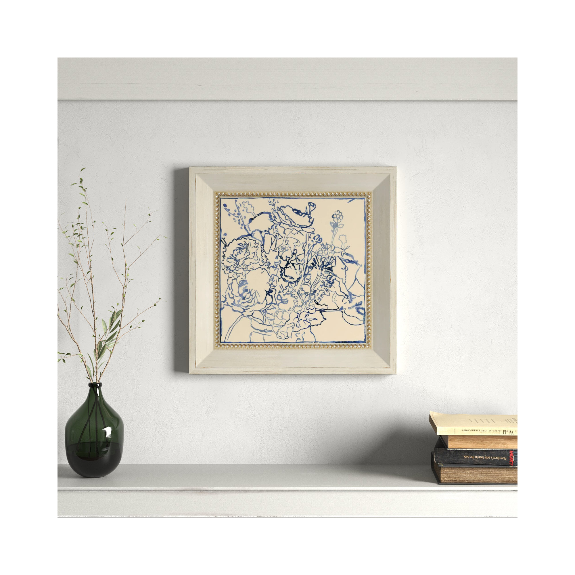 Indigo Floral Sketch by Megan Meagher, 20" W x 20" H, Cream