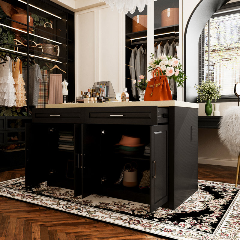 Modern Closet Island With Stone-Textured Top & Built-In Power Outlets, Black