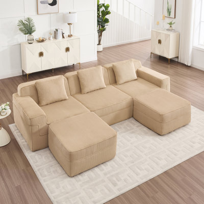 Canapé modulaire modulaire à 3 places en U avec assise profonde, confort en forme de nuage, coussins décoratifs et 2 repose-pieds mobiles pour la détente en famille