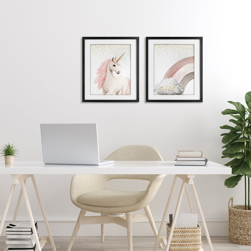 Princess Dreams Unicorn & Rainbow, ensemble de 2 reproductions encadrées sous verre, H 16 po x l 13 po, Cadre noir minuit