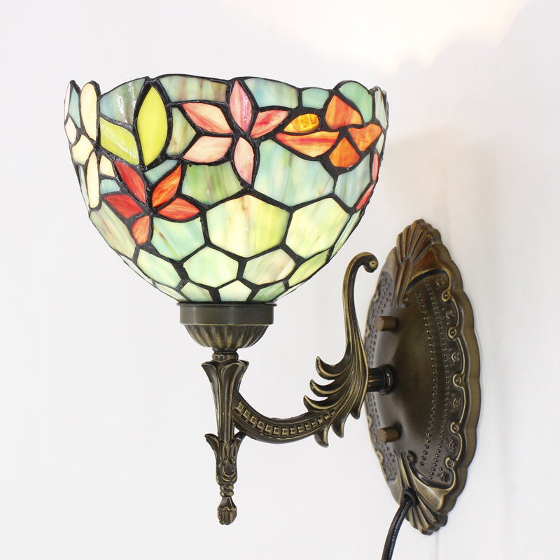 Tiffany Wall Sconce Lamp Stained Glass 8X10.5X11 Inch Plug in Wall Bedside Light for Hallway Bedroom (Red Green Flowers Style)