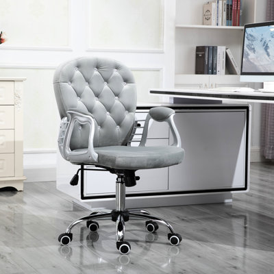 Chaise de bureau en velours gris avec capitonnage à boutons, rembourrée, réglable en hauteur, option bureau pivotant en velours, dossier, rembourré, hauteur et bascule