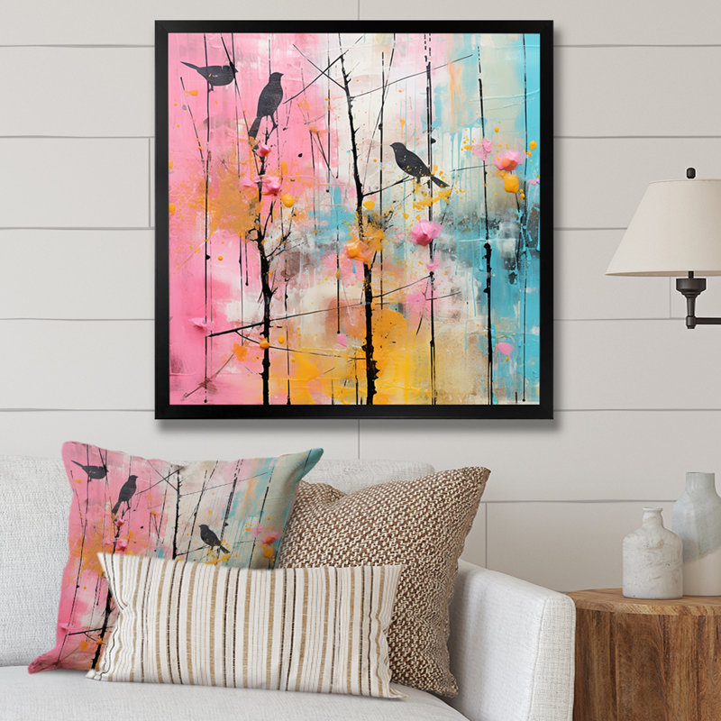 Oiseau sur palette rose printanière - Art mural oiseau, Noir, H 36 po x l 36 po