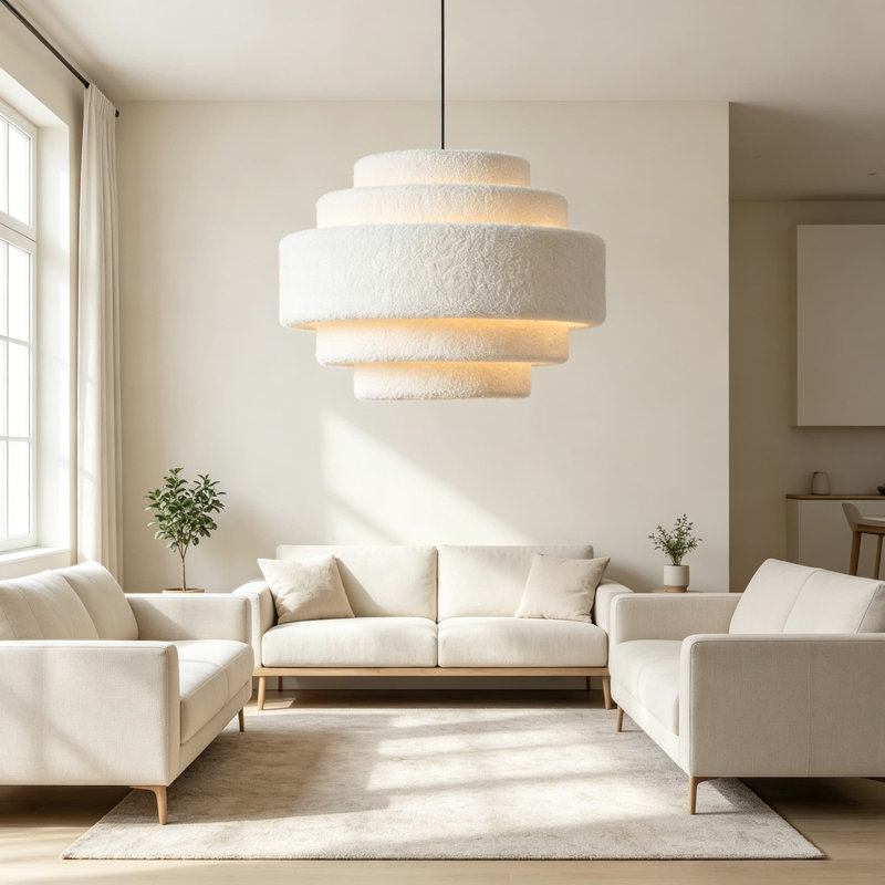 Lustre côtier à 5 niveaux, luminaire suspendu bohème moderne de 13 pouces avec abat-jour en peluche, lampe suspendue tambour réglable pour la chambre à coucher, la salle à manger, l'entrée de l'îlot de cuisine, blanc
