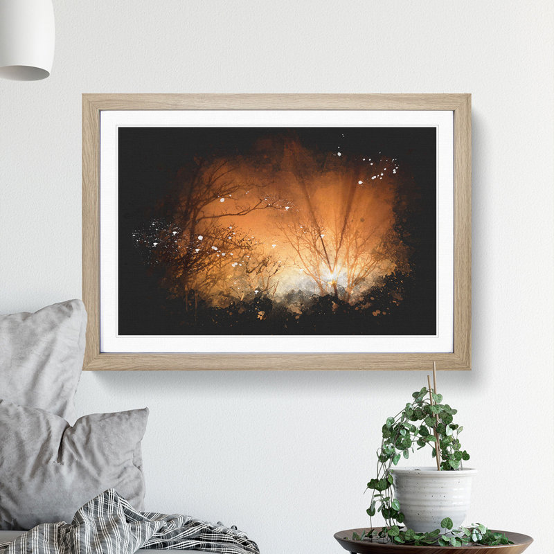 Sun Rays Through the Trees Paint Splash - Picture Frame Graphic Art, 65cm H x 90cm W x 2cm D, Oak