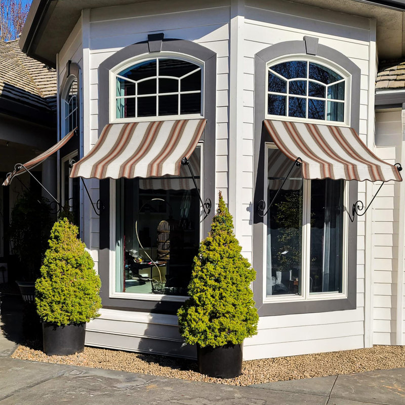 Awntech Charleston Acrylic Fabric Awning with Iron Scroll Arms, 18" H x 76.5" W x 36" D, Brown/Tan/Terracotta Multi