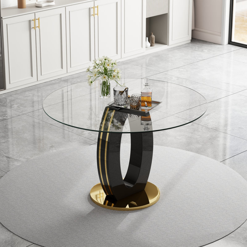 47.2'' Modern Luxury Clear Glass Round Dining Table for 4-6, Modern Kitchen Table with Tempered Glass Top & Stainless Steel Legs, Circle Dining Table for Home, Living Room, Apartment