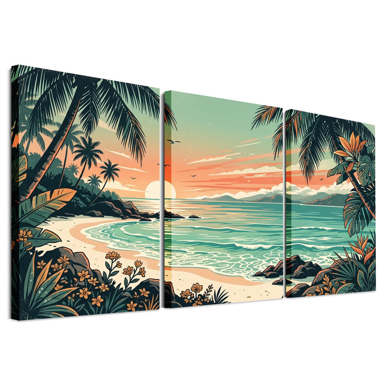 "Tropical Beach Sunset" avec palmiers et océan, ensemble de 3 toiles, 18"H x 12"W x 3pcs
