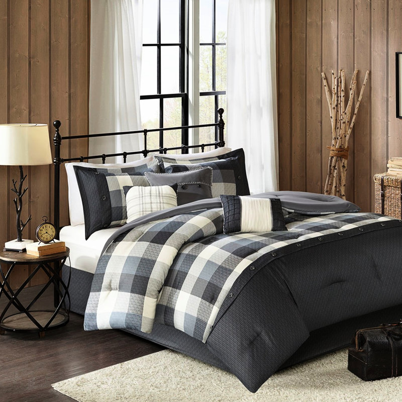 Édredon 7 pièces à chevrons - très grand gris, imprimé à carreaux Buffalo, rembourré, édredon, 2 taies décoratives, 3 coussins, jupe de lit, très grand lit facile d'entretien avec rembourrage, rembourrage, comprend les coussins décoratifs et la jupe