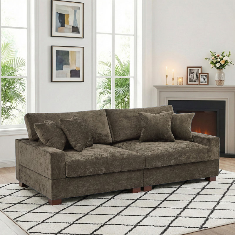 2 - Piece Upholstered Camel Chenille Modular Sectional Sofa with Armrests & Throw Pillows, Camel