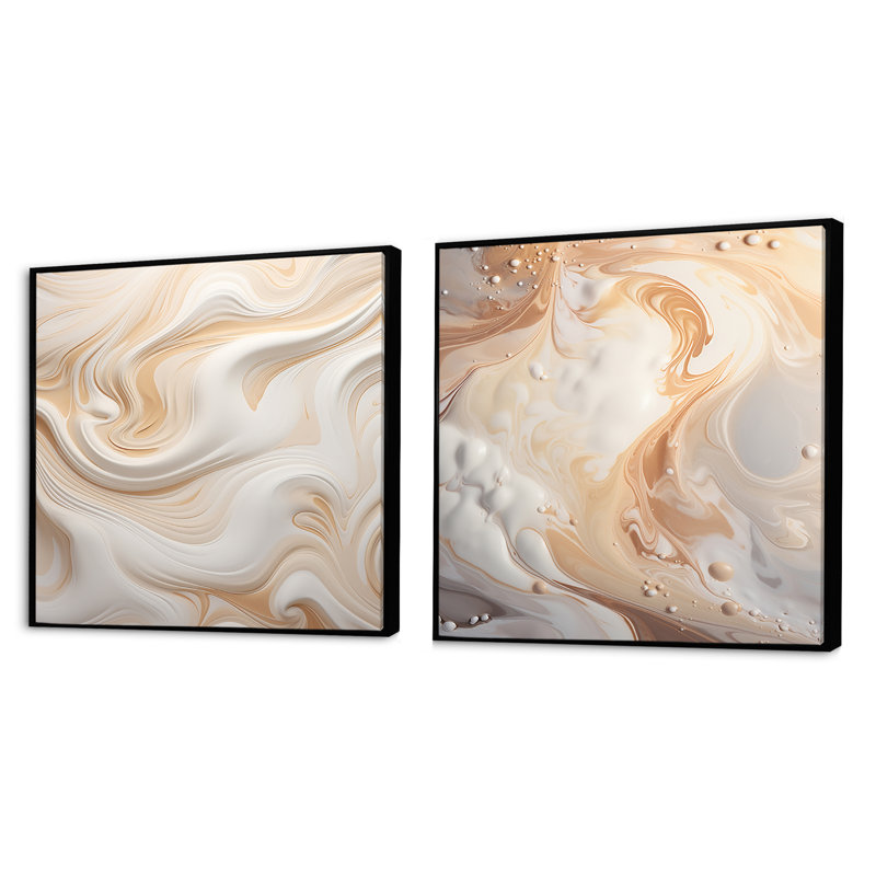 Abstrait blanc laiteux - Ensemble de 2 collages abstraits carrés, Cadre flottant noir, H 16 po x l 33 po
