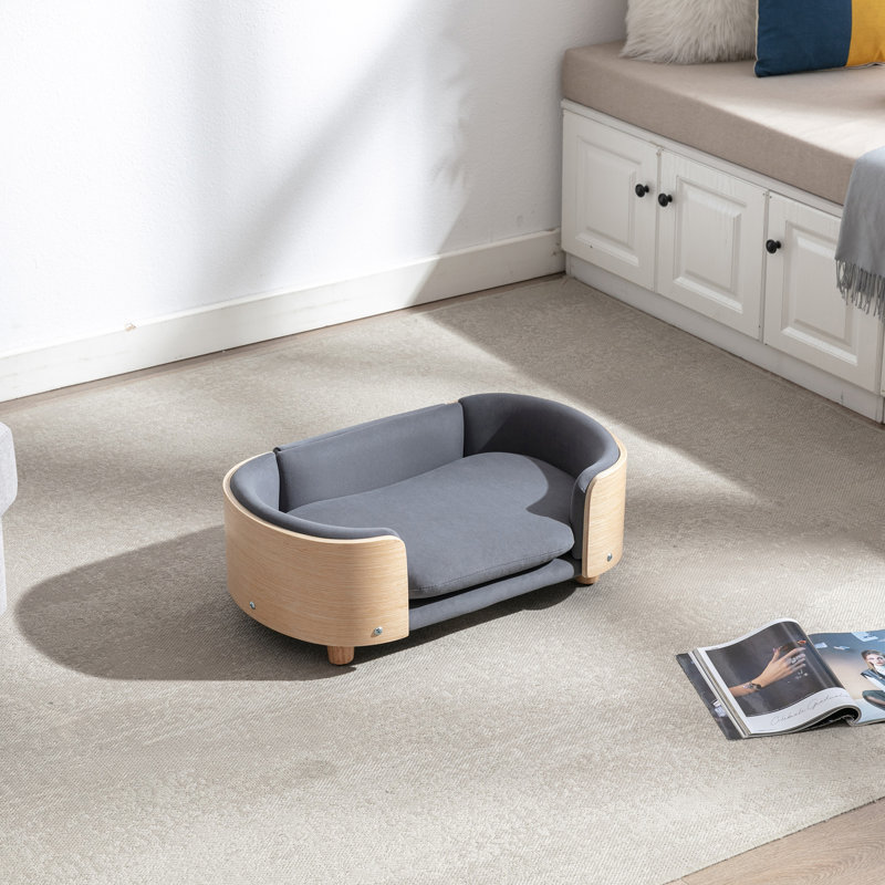 Animaux de compagnie surélevés, conception scandinave contemporaine, pieds en chêne massif, gris foncé, mousse rebondissante, imperméable, teinté, installation rapide de petite taille, lit pour chien, dossier en bois courbé, tissu respirant, égratignure,