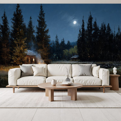 bonfire Peel and Stick Wallpaper Forest Campfire Night Scene Rustic Cabin Lodge Full Moon Pine Trees Wall Murals 69"H x 96"W Removable PVC Wall Paper Self-Adhesive Wall Decor for Bedroom Living Room Home Office