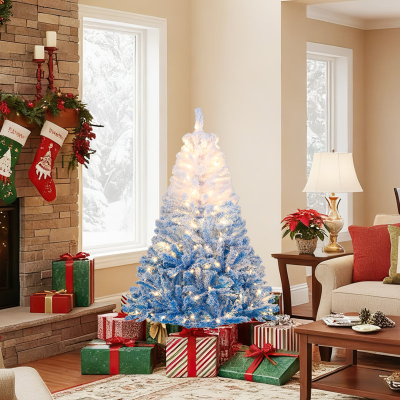 Arbre de Noël artificiel 5 pi avec 180 lumières DEL blanc chaud, 8 modes d'éclairage et base pliante en métal blanc et bleu