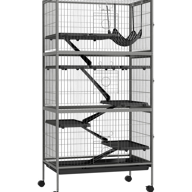Abri 63 pouces 63 Chinchilla - avec, 6 portes, plateau amovible, fabrication en acier robuste, cage de furet gris, facile à nettoyer, roulant,
