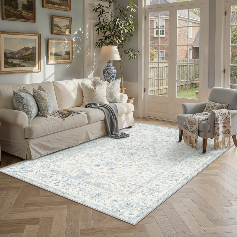 Tapis Elora lavable à la machine à motif floral avec envers antidérapant bleu, Blue, Rectangle 6 pi x 9 pi