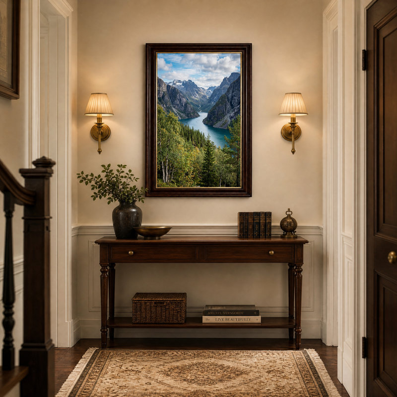 «Snowy Mountain Peaks Above Teal River Valley», art mural, H 18 po x l 12 po