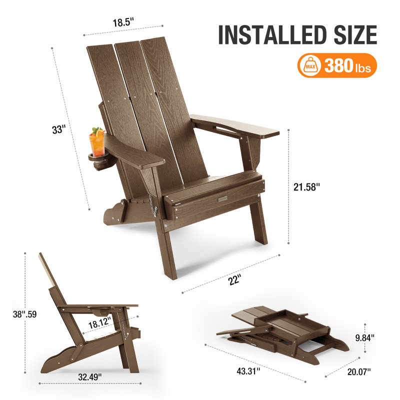 All Weather HDPE Folding Outdoor Adirondack Chair with Cup Holders Durable Oversized Fire Pit Chair Easy Assembly Easy Maintenance Patio Lawn Chair with 380Lbs Load Bearing for Porch, Garden, Backyard, Patio, Deck, Fire pit, Brown