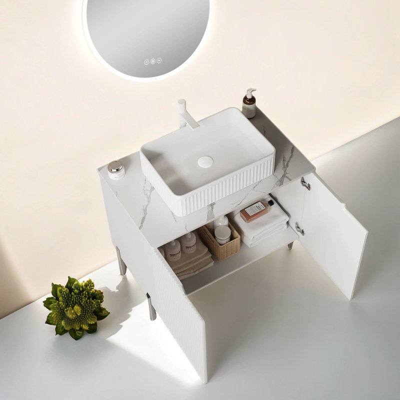 Bathroom Vanity 30", Ceramic Basin, Engineered Carrara Stone Top, White