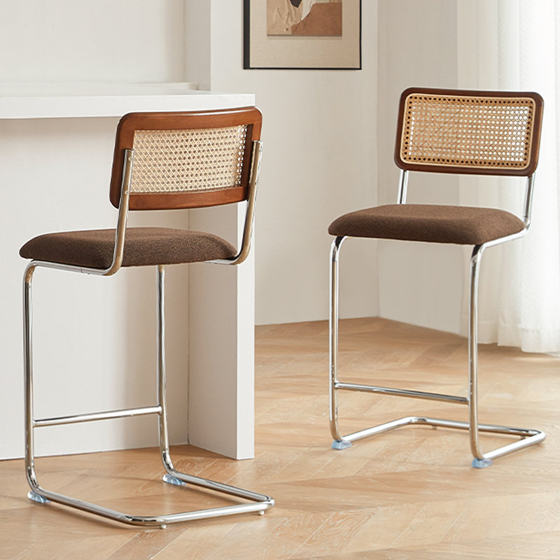Natural Rattan Counter Height Stools Set of 2 with Solid Wood Back, 24.8'' Mid Century Modern Cesca Bar Stools, Brown Upholstery Boho Stool for Kitchen Counter with Chrome Metal Legs