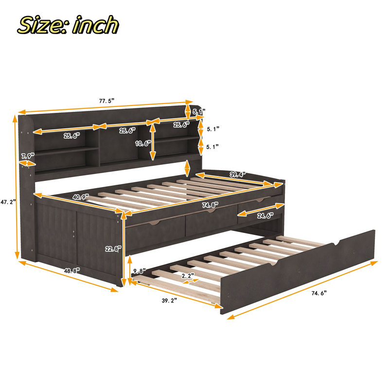 Wooden Daybed With Built-in Bookshelves, Three Storage Drawers And Trundle, Black