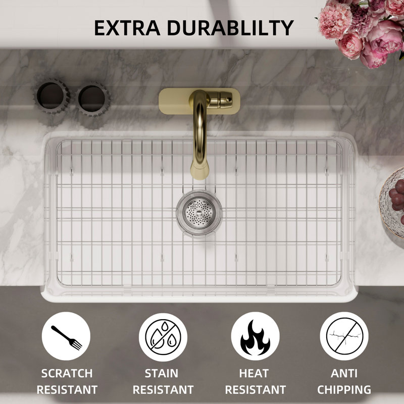 Los Flexi Apron Front Farmhouse Sink, Fireclay Sink for Kitchen, Strainer Included, Single Bowl, Flat