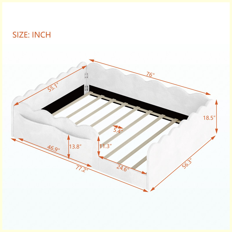 Structure de lit de plancher pleine grandeur avec revêtement en tissu blanc