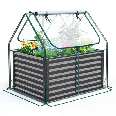  Galvanized Metal Raised Garden Bed with Mini Greenhouse Cover, 3-in-1 Large Planter Box for Gardens, Backyards & Patios, 4x3ft