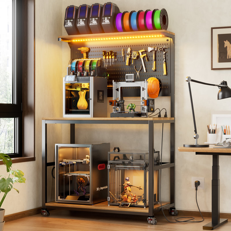 Support pour imprimante 3D avec banc de rangement à filament, table pour imprimante 3D avec station de charge et lumières à DEL, bureau pour imprimante à roulettes robuste avec panneau perforé pour atelier / bureau / garage, brun