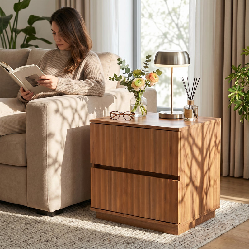 Table de chevet cannelée à 2 tiroirs de 23,6 po de largeur avec conception sans poignée, Warm Walnut
