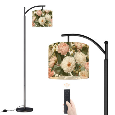  Arc Floor Lamp Soft Blush Peony Rose Floral Pastel Pink Cream Tall Modern Standing Lamp LED Adjustable Linen Lampshade 3 Color Temperatures