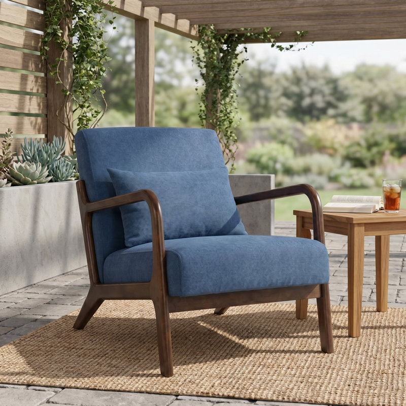 Mid Century Modern Accent Chair in Cotton-Linen Blue Upholstery with Solid Wood Frame