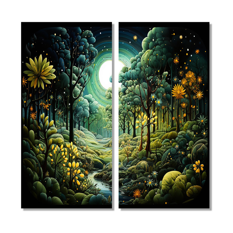 Forêt, forêt enchantée, pointillisme II, ensemble d'art mural forêt, 32" H x 32" W, Wrapped Canvas, Does Not Apply