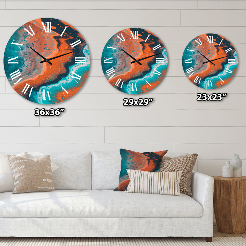 Composition abstraite de marbre en bleu et orange I - horloge murale moderne, Surdimensionné