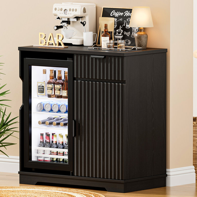 Mini Fridge Cabinet (included), Fluted Coffee Bar Cabinet With Refrigerator, Pull Out Drawer & Storage Cabinets, 31.5" Modern Liquor Wine Bar Cabinet For Home, Kitchen, Dining Room, Black