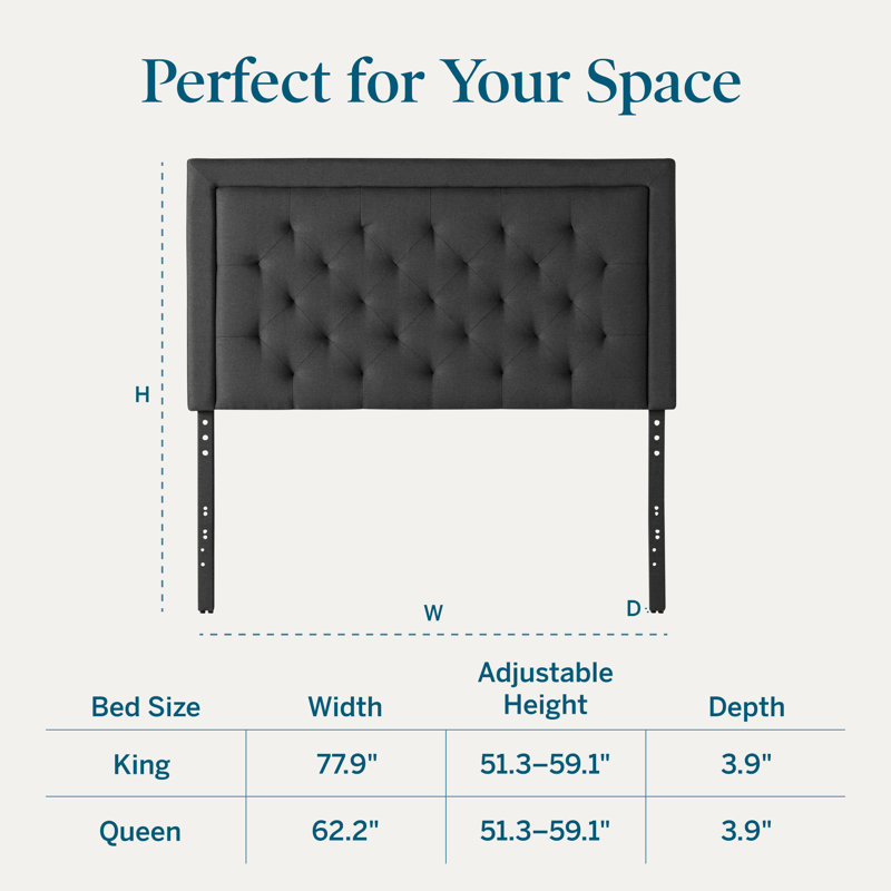Lucid Upholstered Headboard with Square Border and Diamond Tufting, Adjustable Height 51.3"–59.1", Dark Gray, Queen, Queen