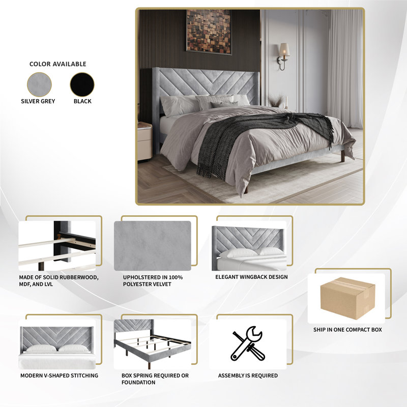 Velvet Upholstered Wingback Bed, Full, Silver Gray