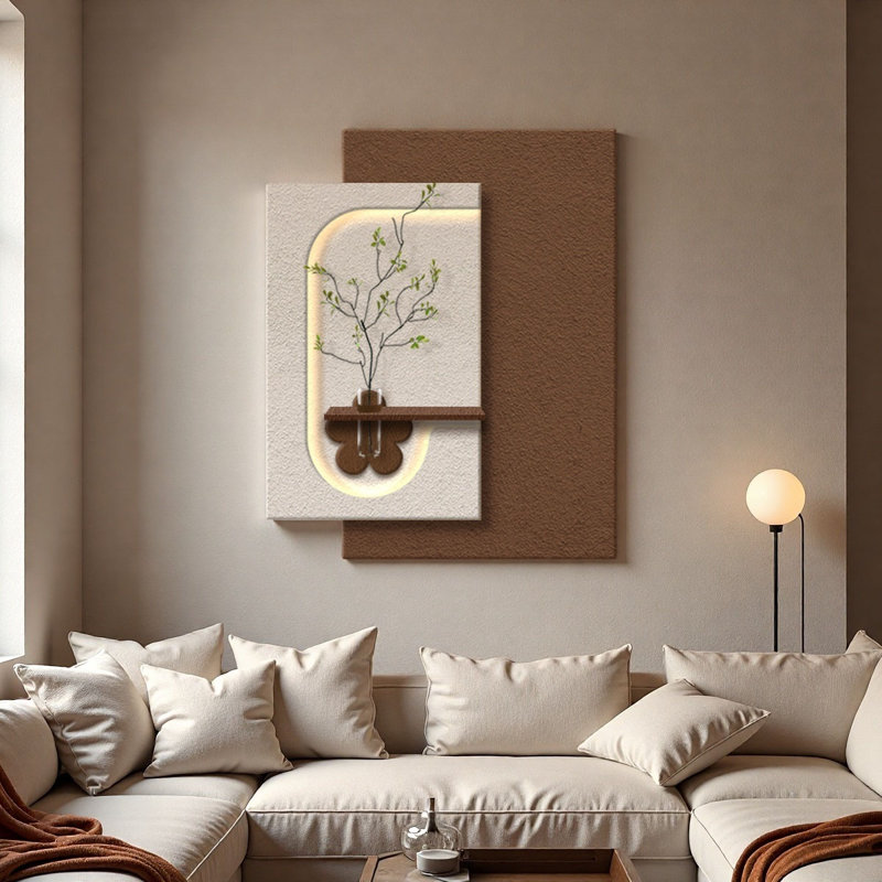 Art mural en grès crème avec vase hydroponique - Décoration de salon, Brun foncé / vert / blanc
