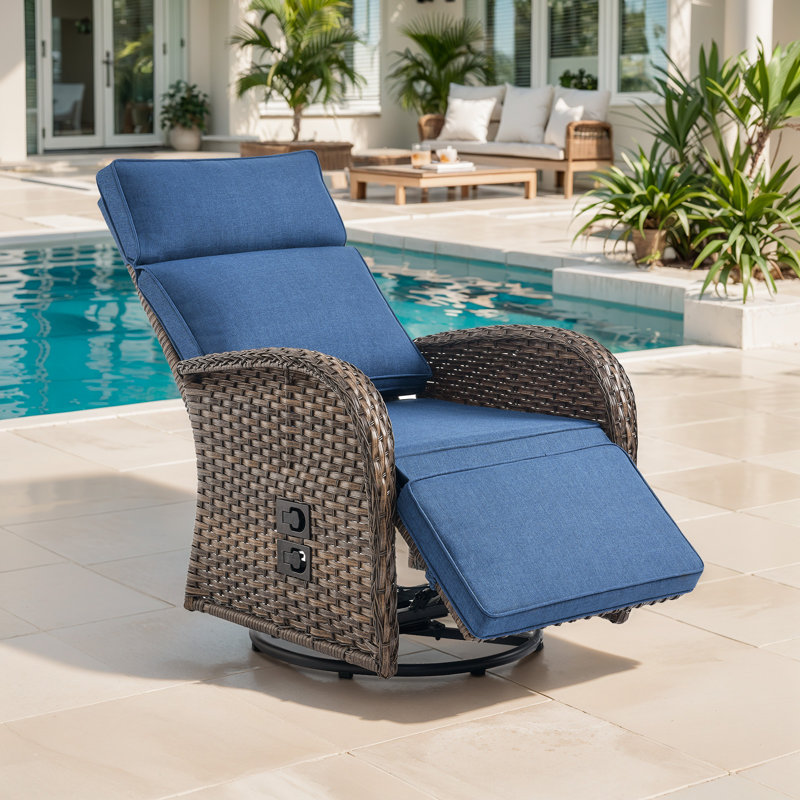 Esquer 59" Outdoor Wicker Poolside Reclining Swivel Single Chaise Lounge With Adjustable Recliner And Cushions, Bleu